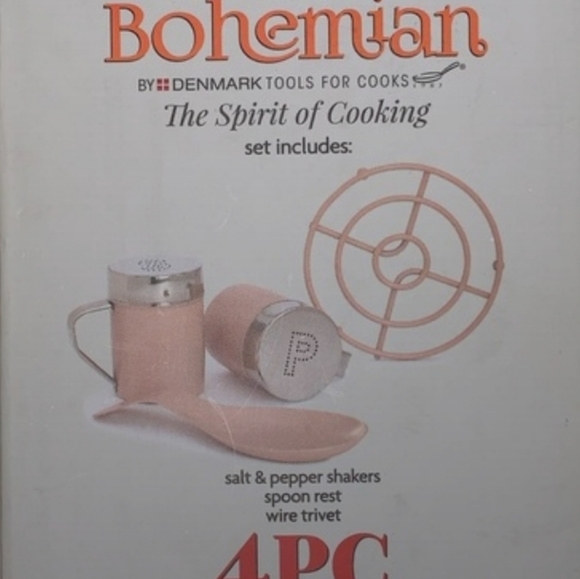 Boho Stainless Steel Salt & Pepper Shaker, Spoon Rest, & Trivet. Pink/Mauve NWT - Picture 2 of 3